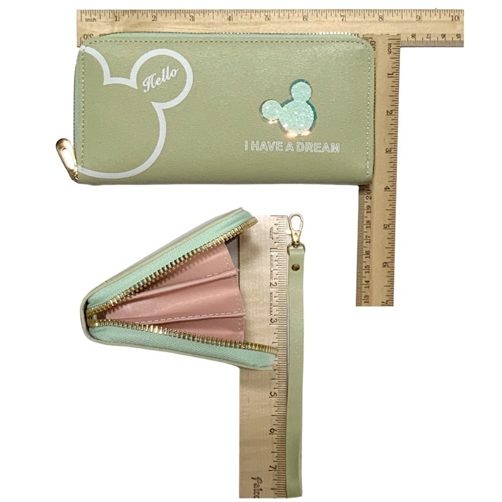 Minnie Mickey Mouse Wristlet Clutch Convertible Long Glitter Disney Wallet Green - Picture 6 of 16